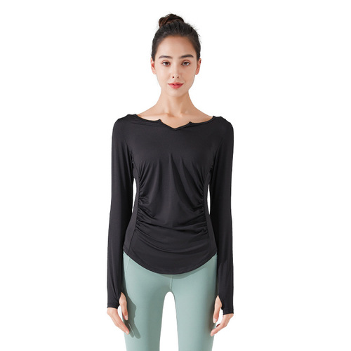 Spring and Autumn New Nude Yoga Wear Women's Slim V-neck Pleated Running Sports Yoga Long-Sleeved Running Cover-up