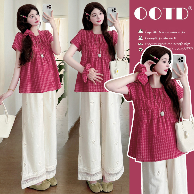 Pregnant Women's suit Summer Trendy Mom's New Raspberry Red Pleated Doll Shirt Short-sleeved Top Wide-leg Pants Two-piece Set for Women