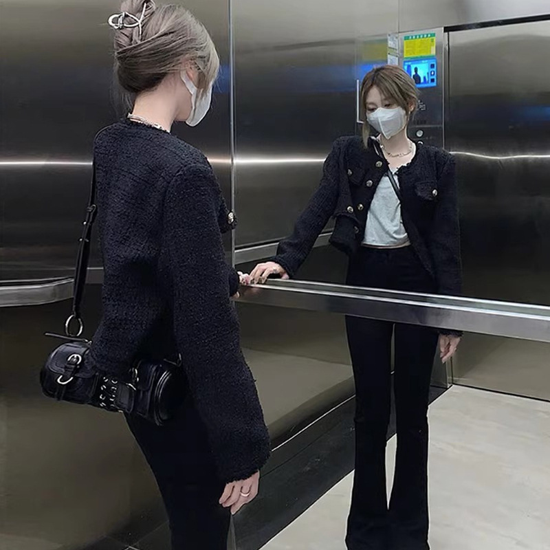 Autumn Clothing 2024 New French Accessible Luxury High-End Tops Tweed Long-Sleeved Small Fragrant Black Short Outwear for Women