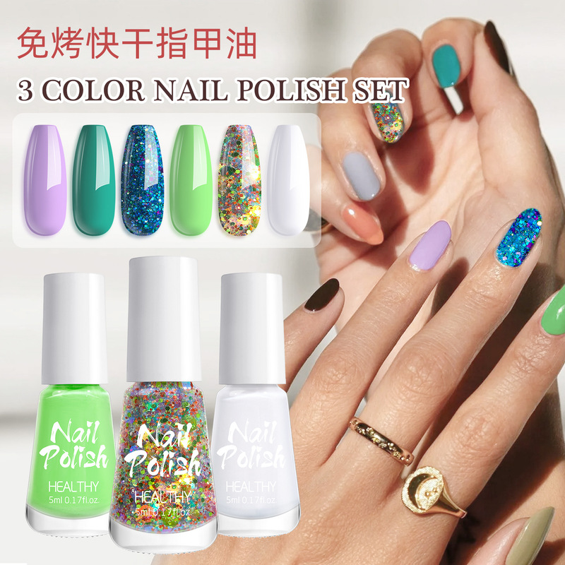 Cross-border 3-color flash water-based nail polish baking-free nude sequins nail art colorful non-tearing nail polish suit