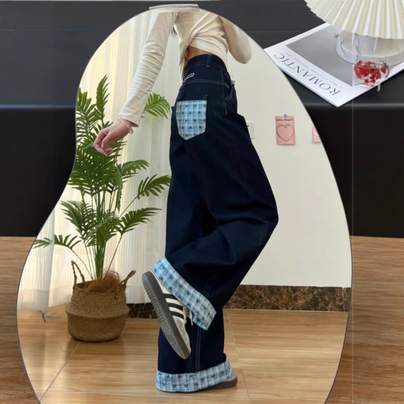 American Plaid Splicing Jeans for Women 2025 Summer New High-Waisted Loose Slimming Straight Wide-Leg Long Pants