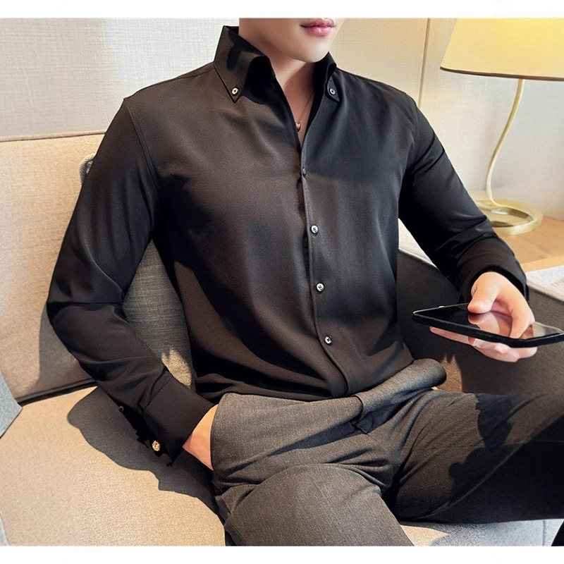 French-style V-neck white long-sleeved men's shirt, suitable for spring and autumn, mature and stable men's business formal wear, casual slim fit shirt.