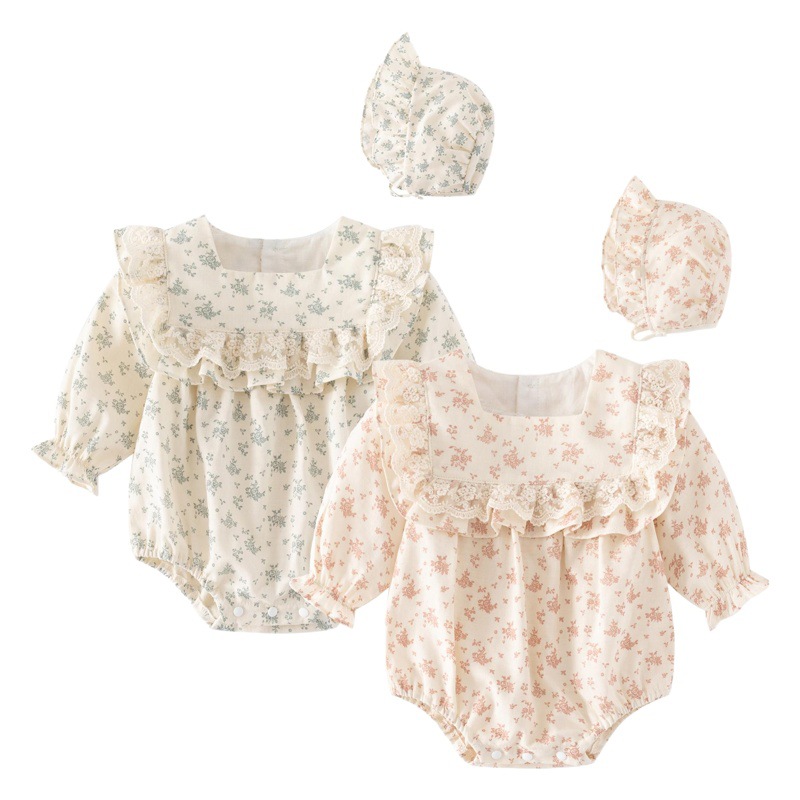 Primavera nuevo bebé mono niña fresca floral bolsa pedo mameluco recién nacido Luna llena sombrero mameluco