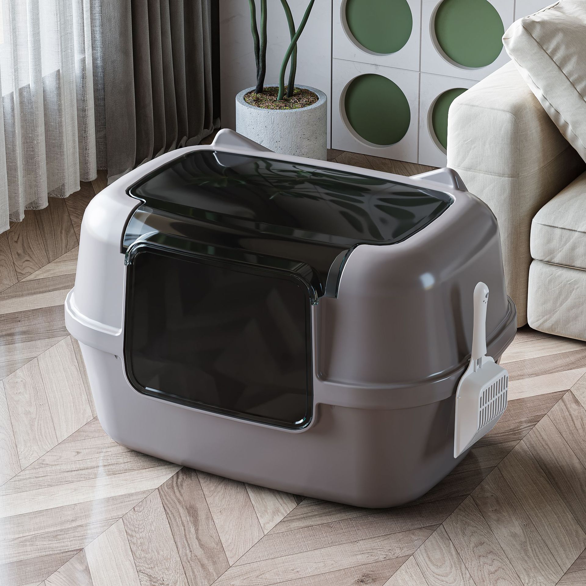 Lavabo de arena para gatos, inodoro para gatos anti-salpicaduras de gran tamaño, gato joven semicerrado, grueso y alto, lavabo de heces de arena para gatos