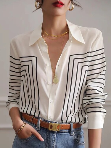 Women's Long Sleeve Loose Striped Shirt for Autumn, High-end and Charming, Slimming Double crepe silk top, Elegant women's blouse
