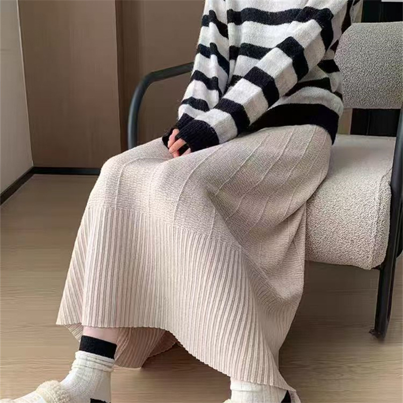 creamy-white Knitted Skirt Women's Autumn and Winter Pleated A- Line Skirt High Waist Slimming Draped Casual Mid-Length Skirt
