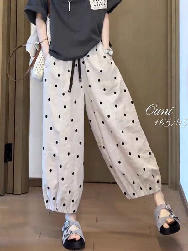 Loose Hip-Covering Wide-Leg Pants for Women, Polka Dot Linen Casual Pants, Summer Petite High-Waisted Slimming Thin Cropped Straight Pants