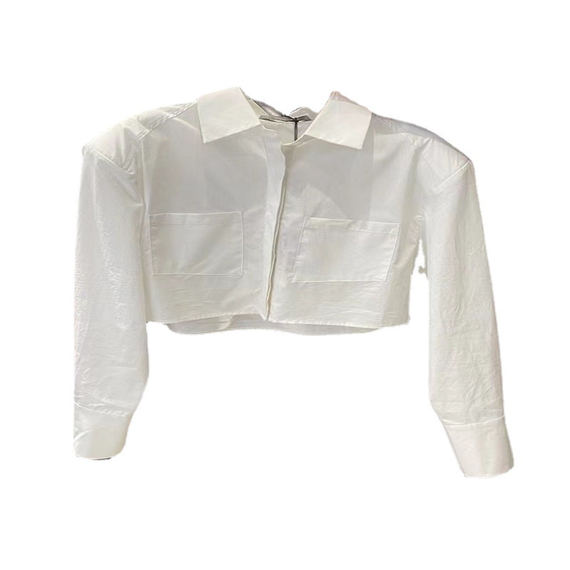 Nueva camisa de manga larga corta de color sólido de estilo coreano para niñas 2023 camisa suelta de bolsillo de solapa para niños medianos y grandes