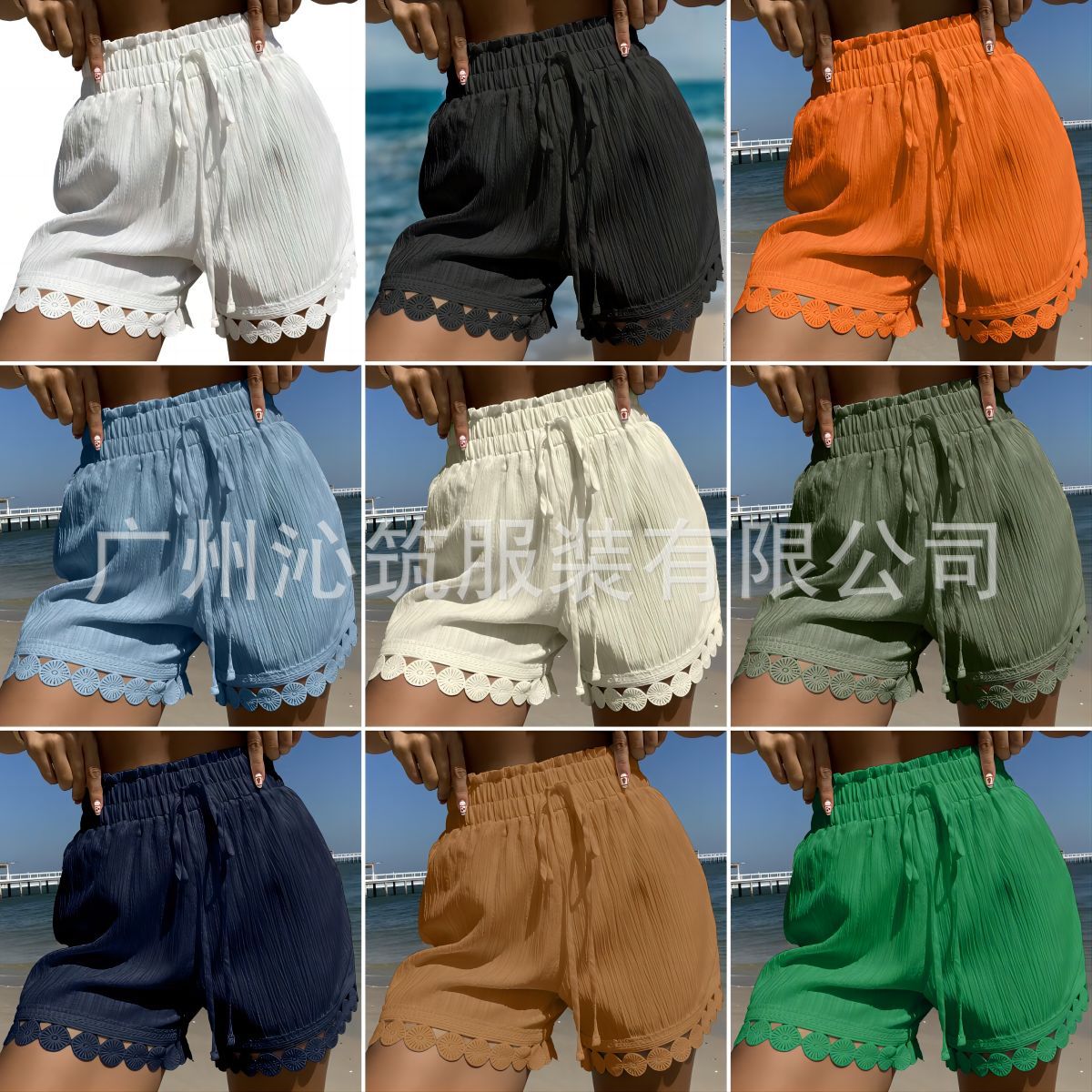 2026 Summer Cross-Border European and American Beach Shorts for Women, Casual Loose High-Waisted Lace Trim Bikini Cover-Up