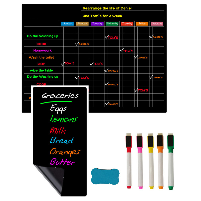 Factory A3 Erasable Monthly and Weekly Planning Board Magnetic Dry Erase Calendar Black Refrigerator Magnet Message Board Set