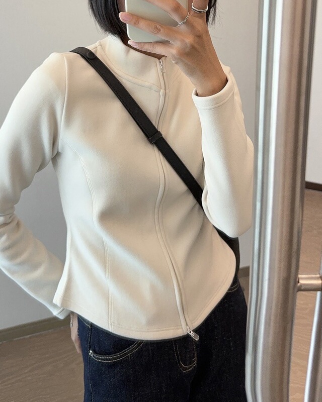 Double-Sided Velvet Slim Waist Stand-Up Collar Zipper Shirt for Women 25 Elegant Versatile Small Version Right Shoulder Long-Sleeved Sweatshirt Jacket Autumn and Winter Style