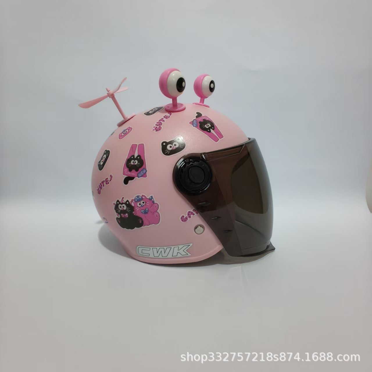 Electric Motorcycle Safety – Motuoche Motosiklet kaskı (dəbilqə) - peach-pink-black-pink-cat-sunscreen-long-visor-pink-eyes-pink-windmill-3c-children-1-6-years-old-wl07