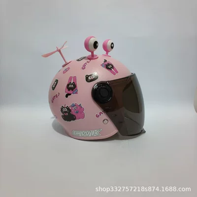 Old, Windproof and Warm on All Sides, Motosiklet kaskı (dəbilqə) - peach-pink-and-black-pink-cat-long-sunscreen-mirror-pink-eyes-pink-windmill-3c-children-1-6-years-old-wl07