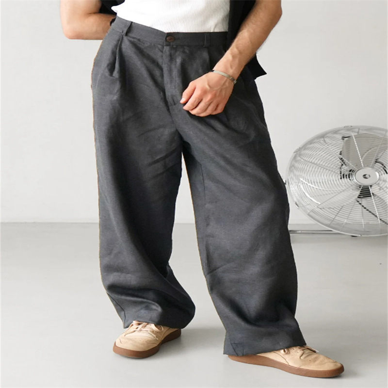 Men's Loose Linen Pleated High Waist Jogging Pants Breathable Daily Casual Pants