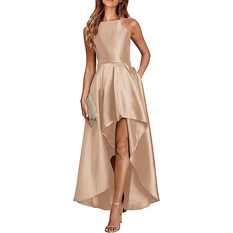 Cross-border Women's Evening Gown Long Formal Gown Sleeveless Backless Collar High-height Long Satin Ball Gown Evening Gown
