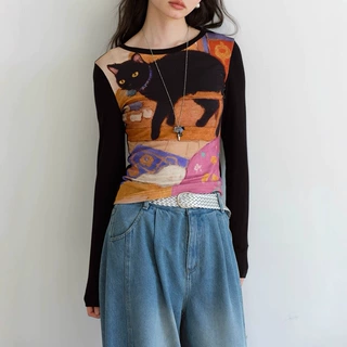 CAT WALK独特印花修身圆领长袖T恤女收腰显瘦黑色打底衫春秋