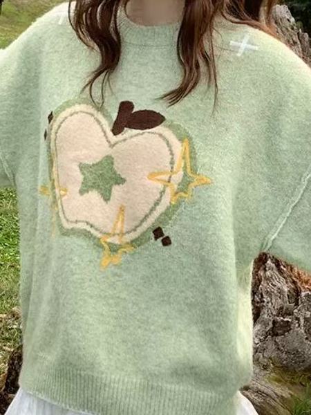 设计感苹果提花套头圆领毛衣女秋冬季甜酷减龄宽松显瘦慵懒针织衫|undefined