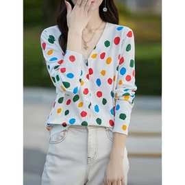 2025秋冬新款独特超好看设计感针织衫上衣波点印花V领外套开衫女