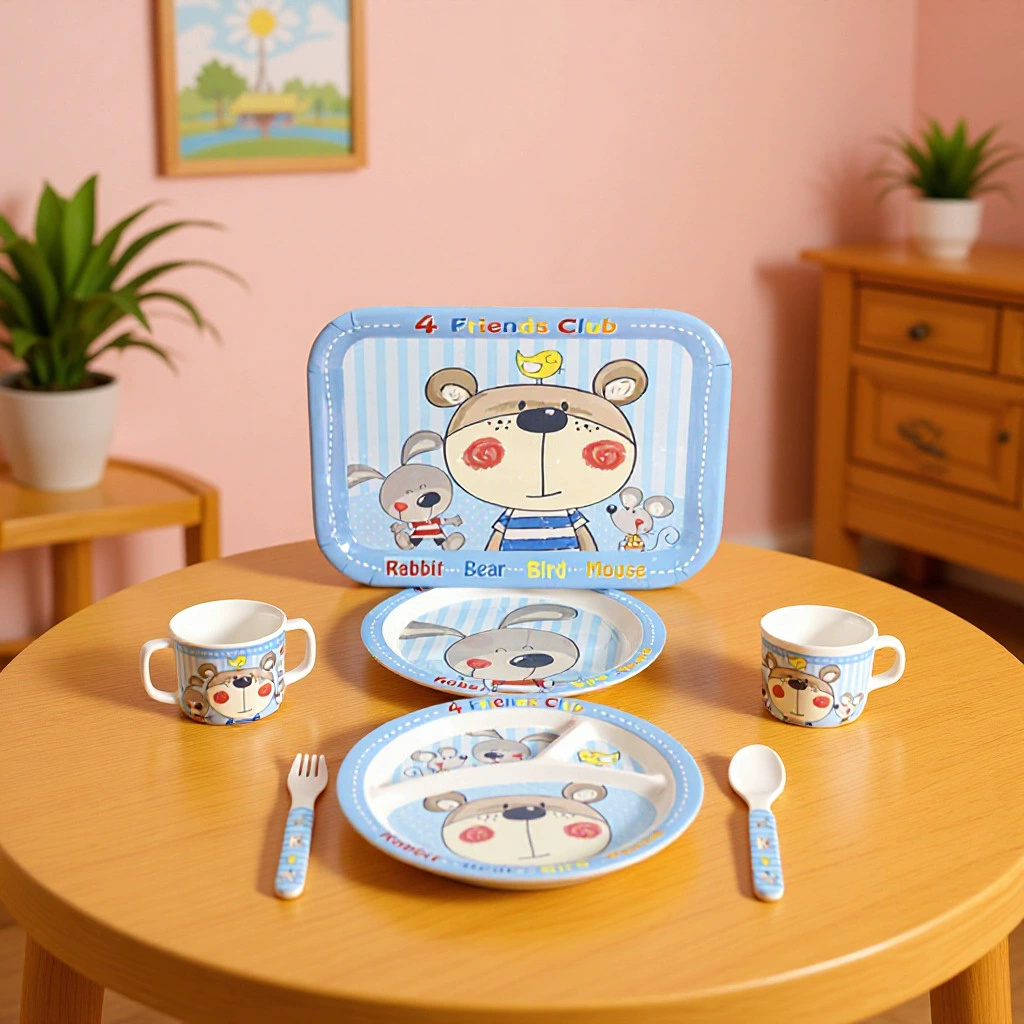 Трансграничная поставка, имитация меламина, фарфоровая посуда, детский мультяшный набор, разделенная тарелка, пищевая добавка, миска для супа с крышкой, чашка и посуда
