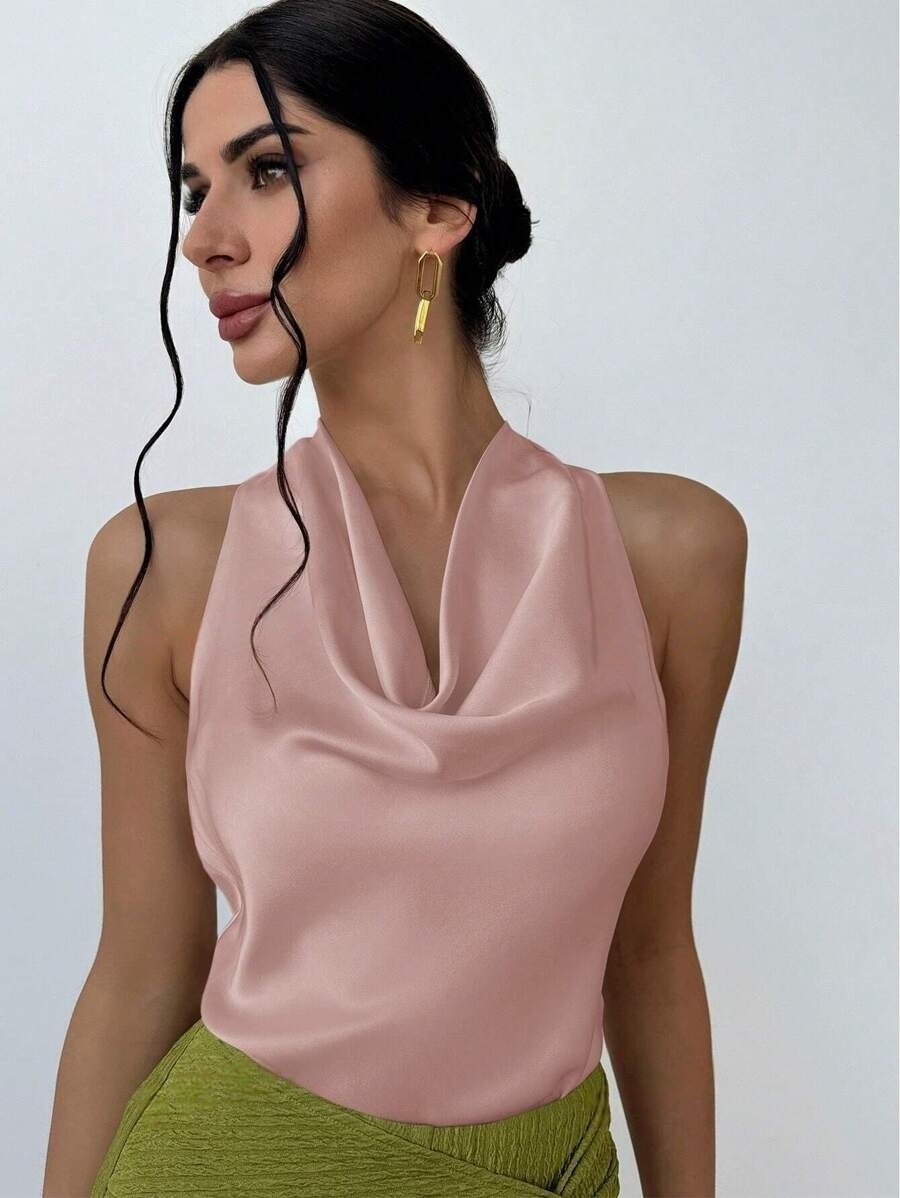 Ärmellose Damen Satinbluse Elegantes Business Oberteil Für Sommer_voghion.com