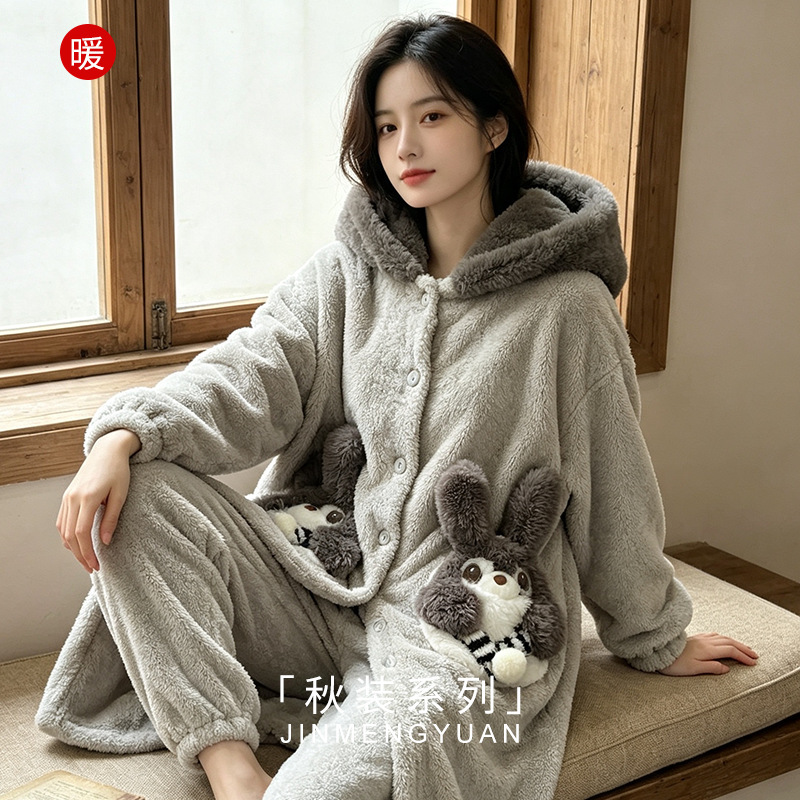 Women's Winter Pajamas, Thickened Velvet Long Cartoon Robe for Girls, Autumn and Winter Flannel Sleepwear Homewear Set Women's Winter Pajamas, Thickened Velvet Long Cartoon Robe for Girls, Autumn and Winter Flannel Sleepwear Homewear Set