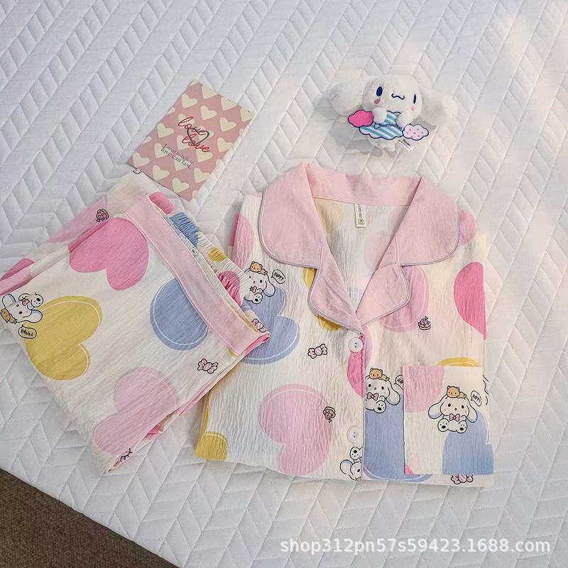 云朵棉短袖睡衣女夏季简约桃心印花夏天可外穿家居服套装跨境批发|undefined