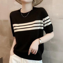 夏季新款曲珠冰丝圆领女式短袖透气薄款简约风格套头打底T恤衫潮