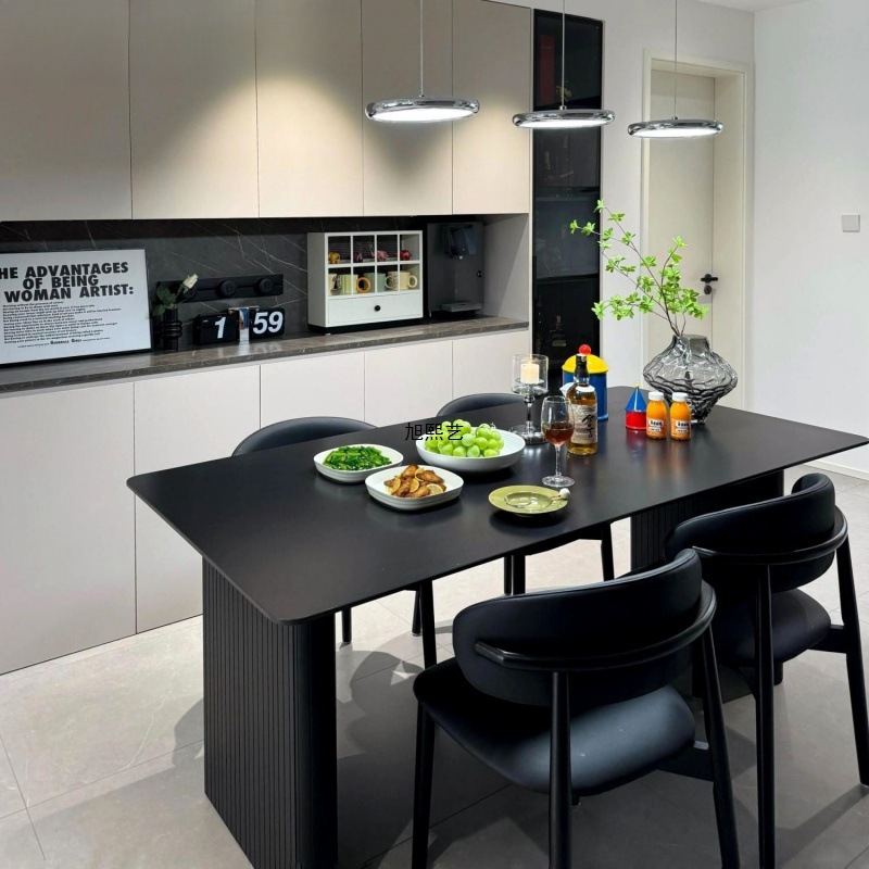 Modern Light Luxury Black Slate Dining Table and Chair Dining Table Combination Italian Style Home Dining Table Rectangular Small Apartment Simple