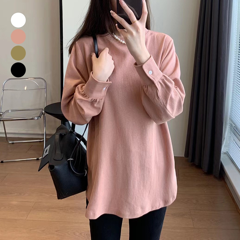 PLUS가 엄선한 수마치 봄 솔리드 컬러 밑단 셔츠, 라운드넥 캐주얼 풀오버, 루즈한 이너 레이어드 긴팔 티셔츠