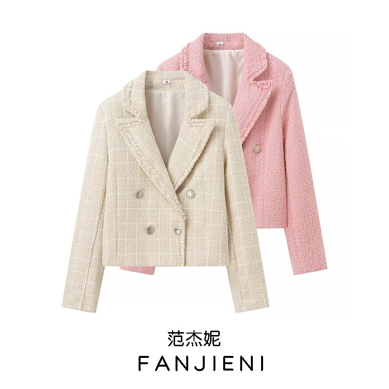 ZR foreign trade wholesale European and American style women's fashion solid color texture tweed double row buckle long sleeve suit jacket