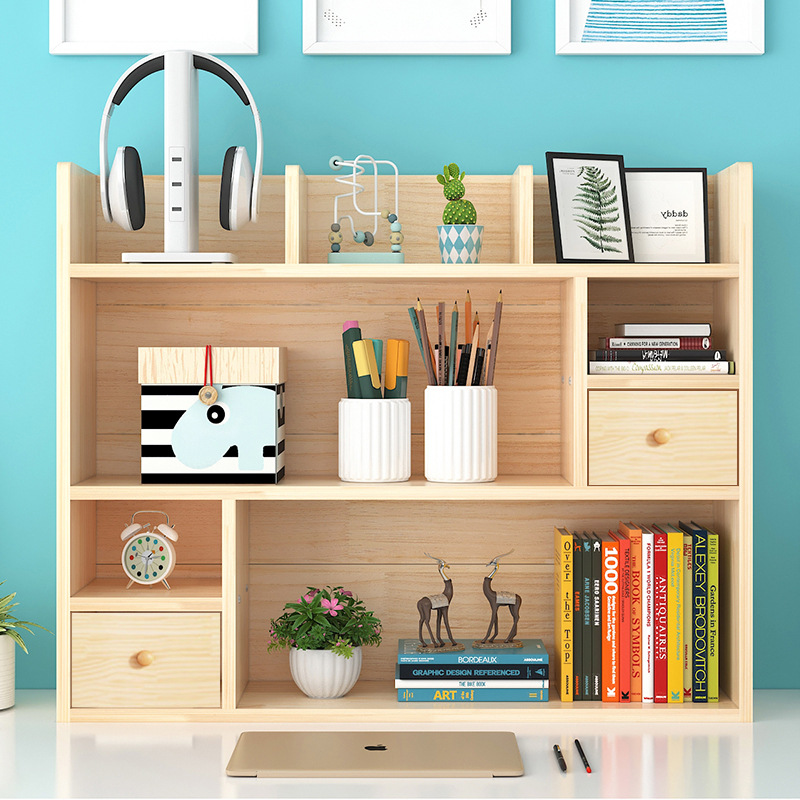Simple Solid Wood Desk Bookshelf for Students and Kidsren Pine Small Bookshelf Storage Rack Multi-Layer Cabinet Desktop Bay Window Storage H^