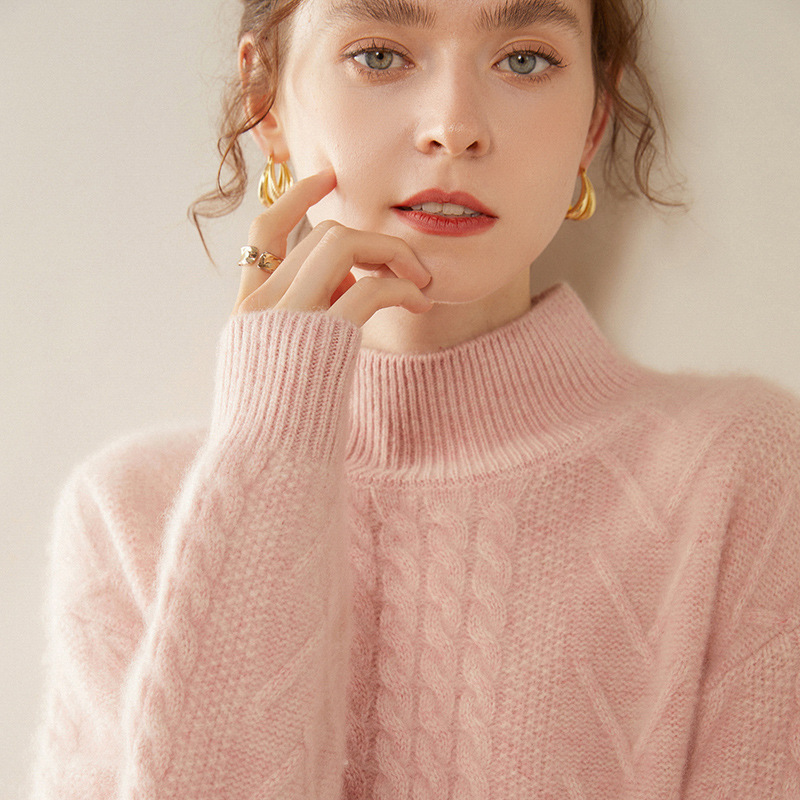 Half-Turtleneck Cashmere Sweater for Women, 100% Pure Cashmere, Three-Strand Heavy-Duty Thickened Cable Knit Base Sweater Half-Turtleneck Cashmere Sweater for Women, 100% Pure Cashmere, Three-Strand Heavy-Duty Thickened Cable Knit Base Sweater