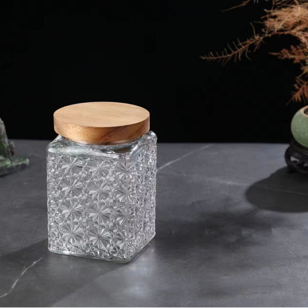 Tanque de almacenamiento de Begonia transparente, vidrio en relieve sellado, tanque cuadrado de cocina, botella de almacenamiento de condimentos caseros sellada para mantener fresco