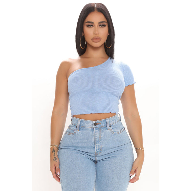 one-shoulder short sleeve solid color crop top NSBLS130376