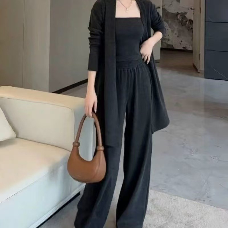 一整套早秋穿搭女装减龄开衫抹胸阔腿裤三件套慵懒风运动休闲套装|undefined