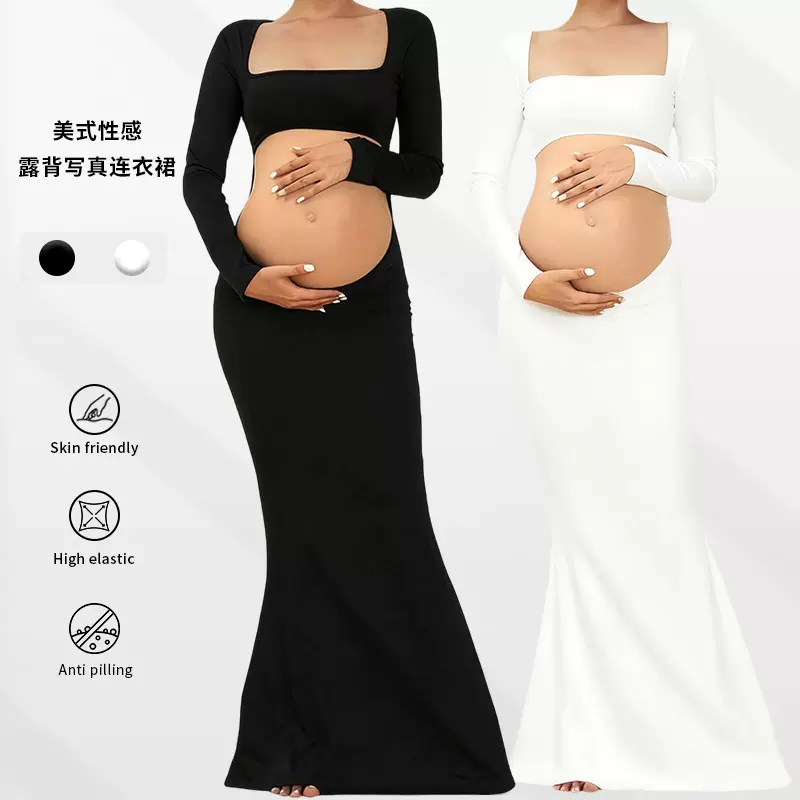 欧美跨境孕妇写真拍照服装弹力孕妇连衣裙鱼尾裙镂背露肚拖地裙女