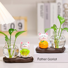 可爱小猫绿萝水培花瓶水养玻璃瓶招财猫家居摆件办公室工位装饰品