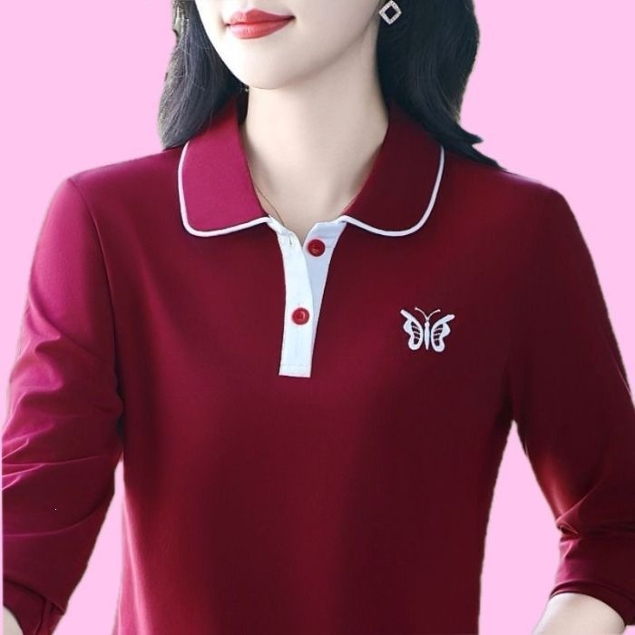 春秋季妈妈装新款polo衫薄款休闲百搭长袖体恤修身显瘦气质打底衫