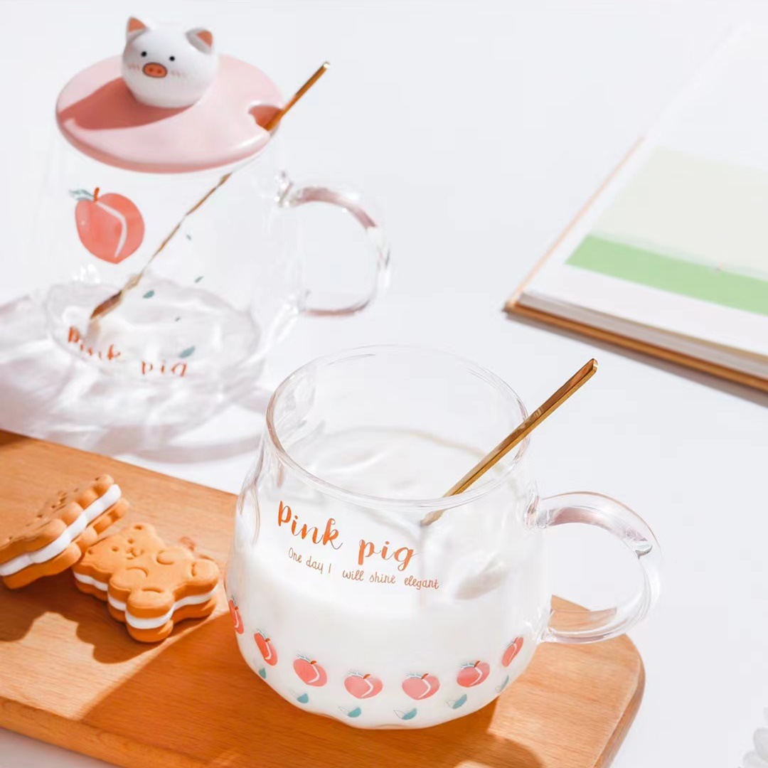 Rosa personalizado transparente cristal dibujos animados melocotón corazón cerdo taza chica corazón regalo taza de beber taza de oficina