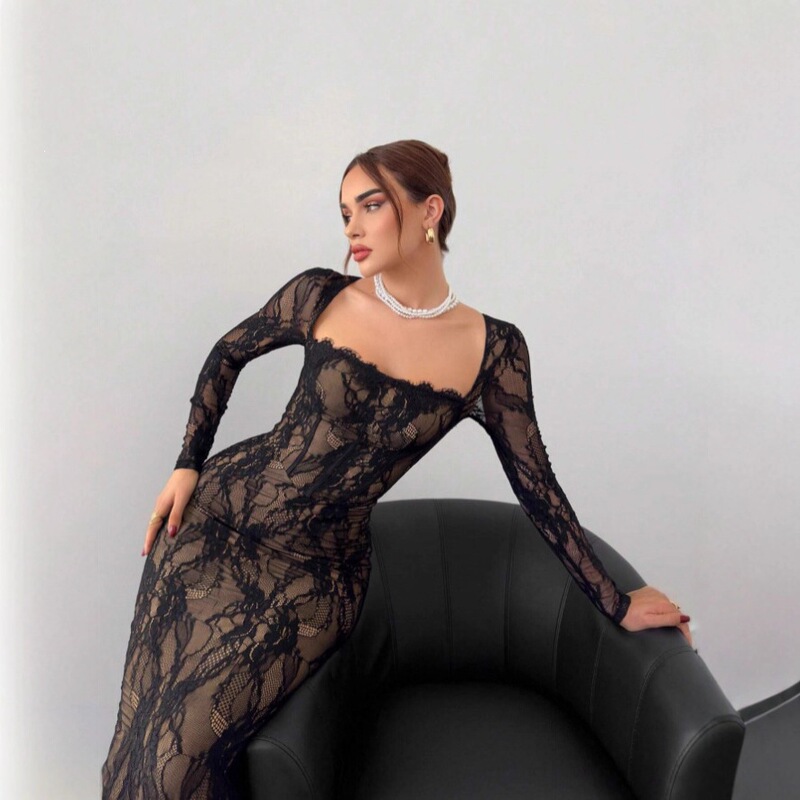 Cross-Border Amazon 2025 Square-Neck Lace Patchwork Slit Waist-Slimming Long-Sleeve Bodycon Zipper Dress