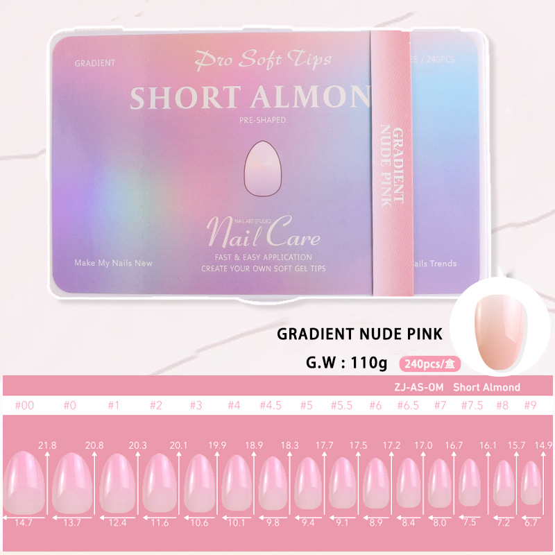 Armadura de almendra corta degradada 240 piezas de manicura en caja, alta permeabilidad, alta elasticidad, sin amarilleamiento, uñas postizas de alta gama