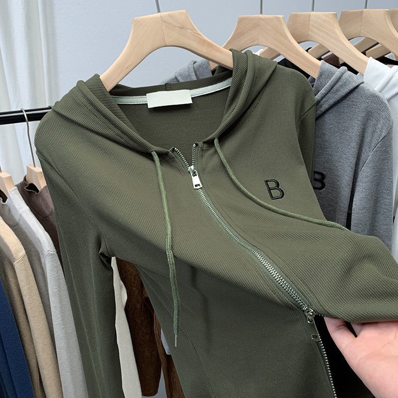 雙拉鏈女士短外套設計感小眾2024春秋裝新款歐貨連帽長袖開衫上衣