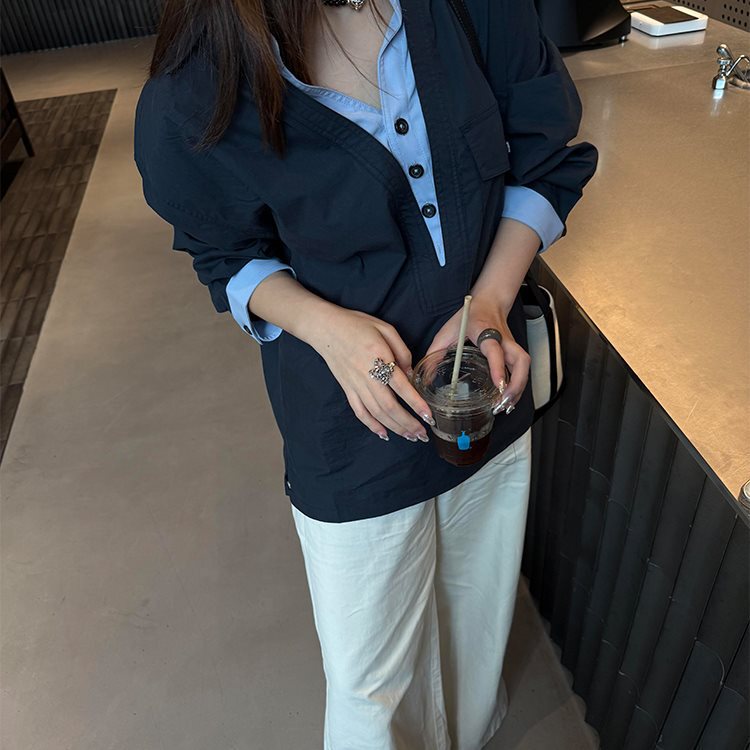 藏青色老钱风假两件长袖衬衫男款秋季感V领衬衣cleanfit外套|undefined