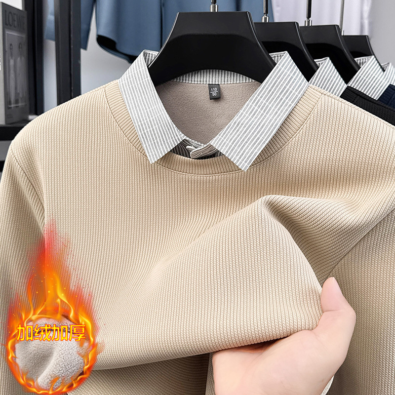 跨境外贸高级感男士毛衣假两件加绒加厚休闲商务打底衫男爸爸毛衣