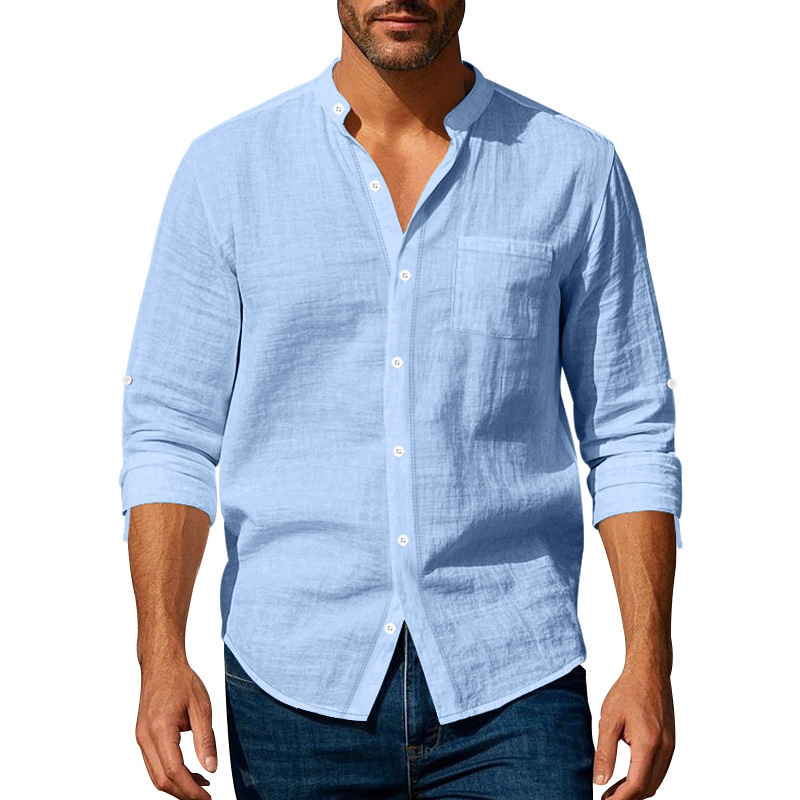 Herren-Leinenhemd mit langen Ärmeln – Atmungsaktiver Stehkragen, minimalistisches Taschendesign und knitterarm für smarte Freizeitkleidung (S-XXXL, 6 Farben)_voghion.com