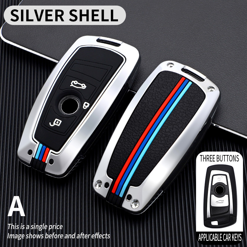 BMW Metal Remote Shell Silicone Key Case for BMW New 5 Series 3 Series 1 Series 320li 528 X3 X4 (Static Rod/Key Bag) - a-style-silver-3-buttons-opp-bag