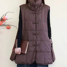 2025冬季款中式复古盘扣羽绒马甲女文艺纯色立领侧开叉中长款马夹