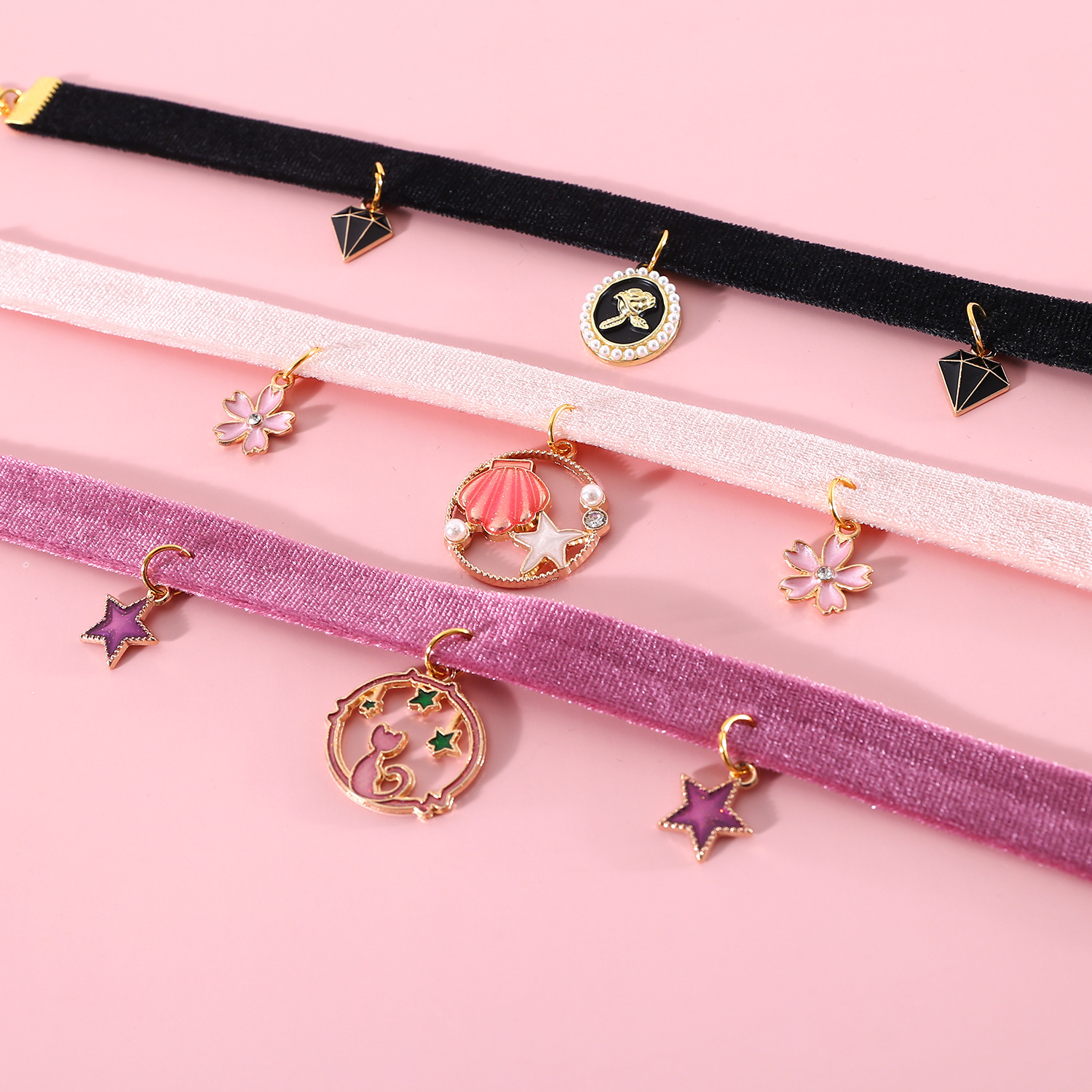 Collar de perlas retro seda de perlas estrellado gato conchas de flores gemas collar collar de colgante de aceite