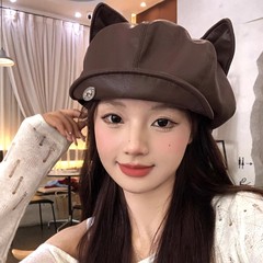 可爱卡通猫耳朵皮质贝雷帽女秋冬甜酷风文艺显脸小云朵画家帽子潮