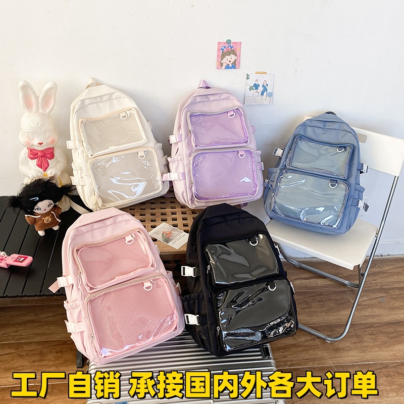 여성용 백팩 2026년 신상 투명 바지핀 배지 가방, 여성용 2차원 만화 콘 JK 책가방